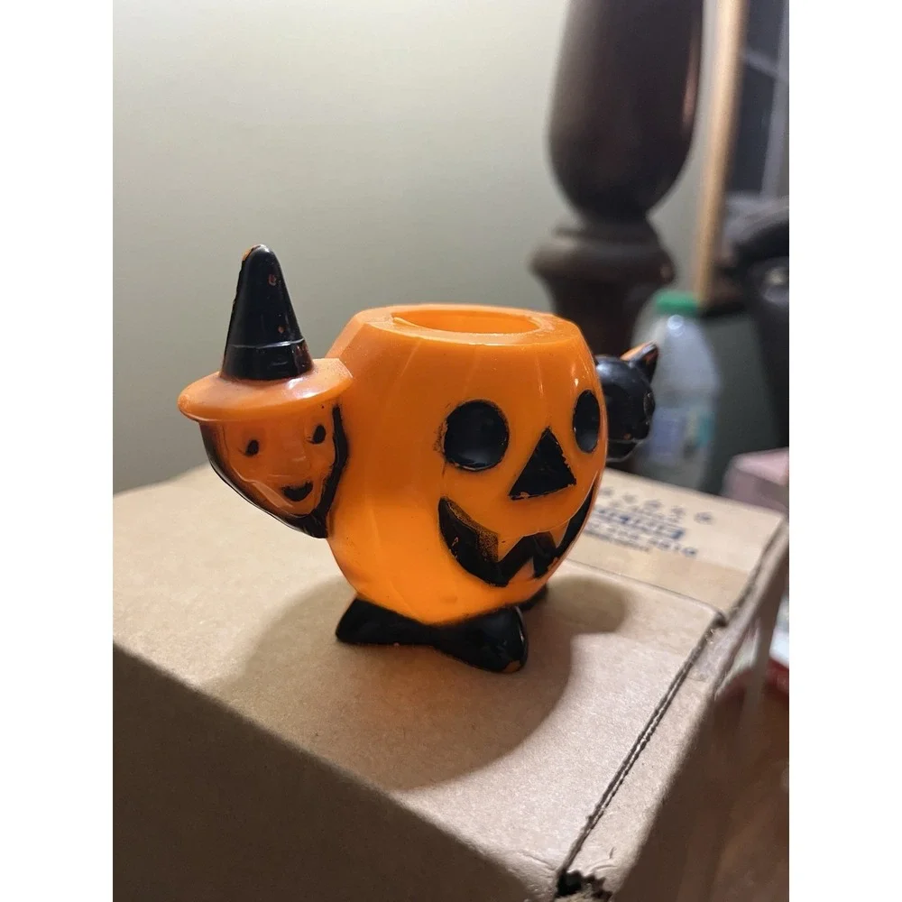 Vtg 1950's Rosbro Halloween Plastic Candy Container Witch JOL & 15 Cake  Toppers